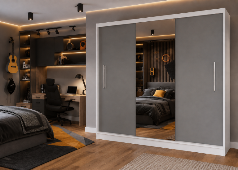 Armadio scorrevole 232 cm con specchio grigio opaco – Produttore MES PRIMO SZP4/2/1W/2SR1L/0/AL