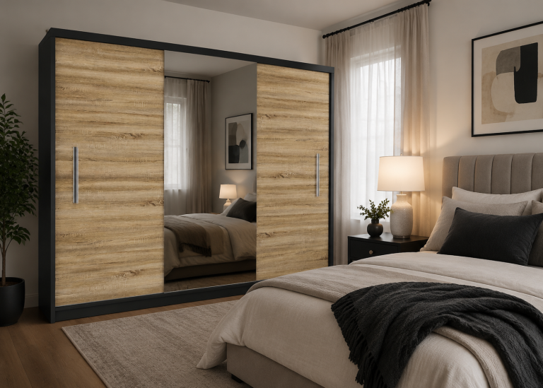 Armadio scorrevole 232 cm con specchio rovere sonoma – Produttore MES PRIMO SZP4/2/1B/2DS1L/0/AL