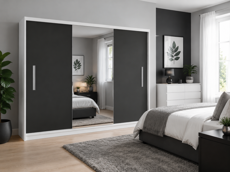 Armadio scorrevole 232 cm con specchio nero ebano scuro – Produttore MES PRIMO SZP4/2/1W/2B1L/0/AL
