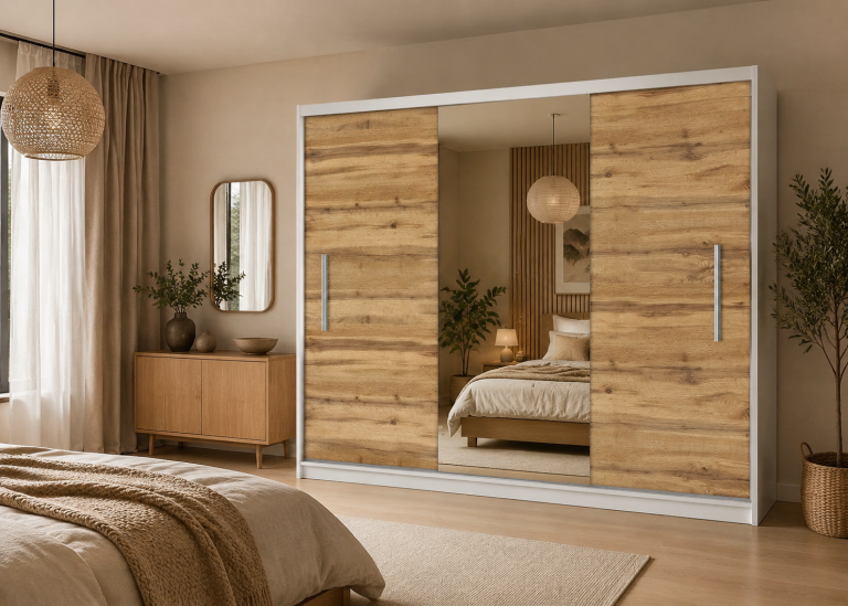 Armadio scorrevole 232 cm con specchio rovere wotan / rovere sonoma – Produttore MES PRIMO SZP4/2/1W/2DW1L/0/AL