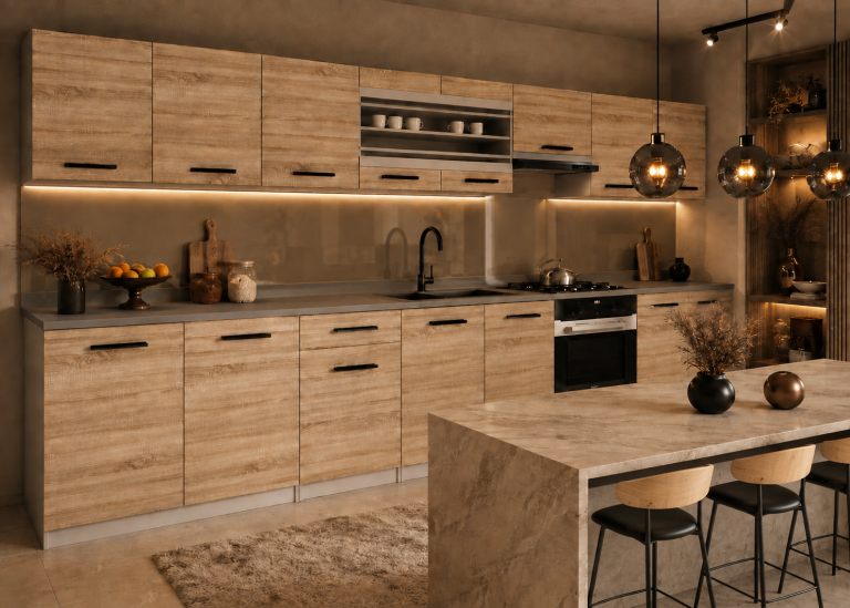 Cucina 320 cm rovere wotan / rovere sonoma con piano di lavoro – Produttore TOR PRIMO320/4/WT/DS/0/B1