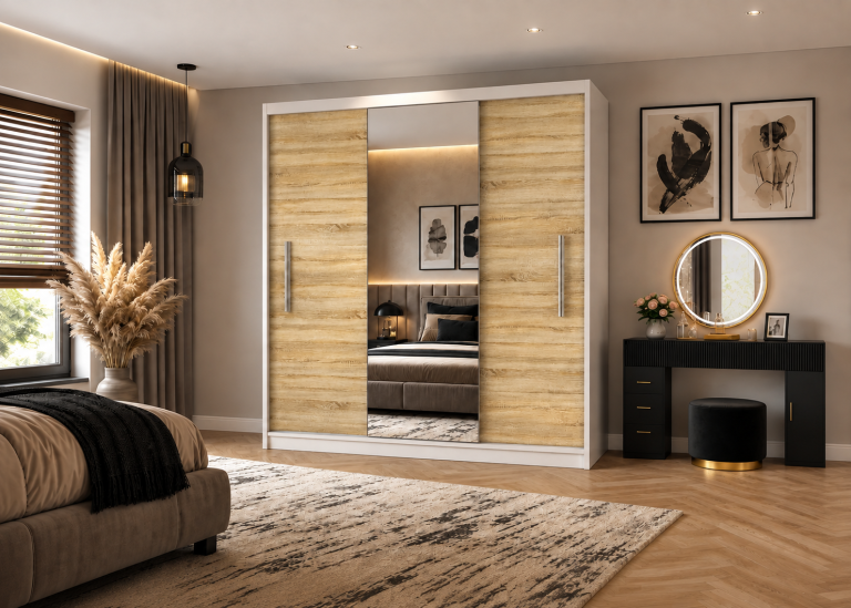Armadio scorrevole 200 cm PRIMO con specchio rovere wotan / rovere sonoma – Produttore MES PRIMO SZP1/1/W/DS/0/AL