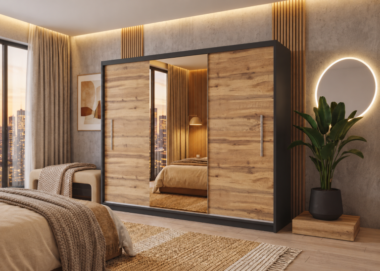 Armadio scorrevole 232 cm con specchio rovere wotan / rovere sonoma – Produttore MES PRIMO SZP4/2/1B/2DW1L/0/AL