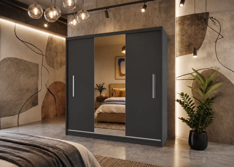 Armadio scorrevole 200 cm PRIMO con specchio nero ebano opaco – Produttore MES PRIMO SZP1/1/B/B/0/AL