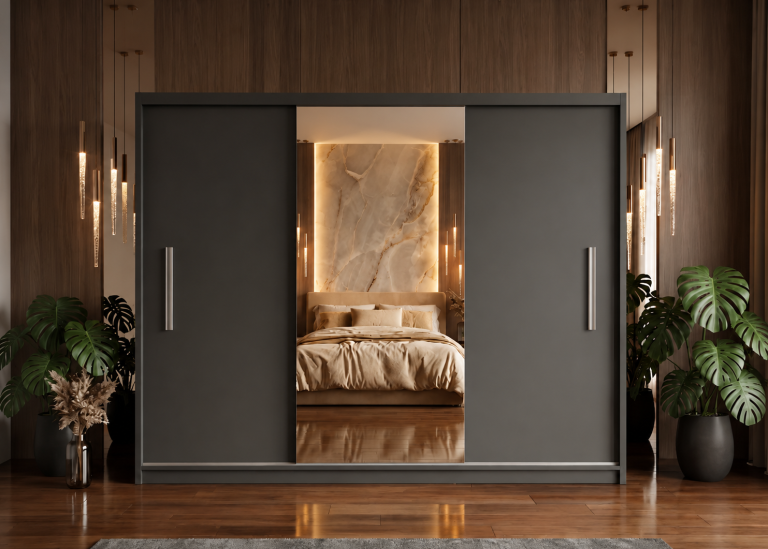 Armadio scorrevole 232 cm con specchio nero ebano scuro – Produttore MES PRIMO SZP4/2/1B/2B1L/0/AL