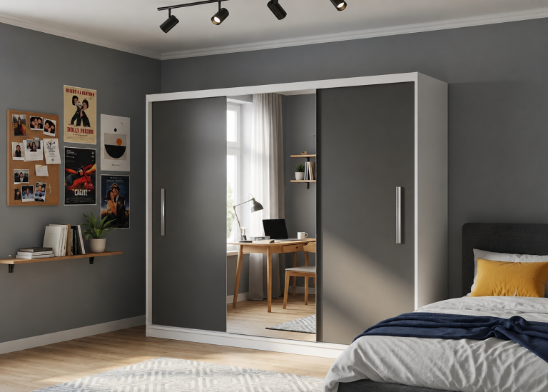 Armadio scorrevole 232 cm con specchio nero ebano scuro – Produttore MES PRIMO SZP4/2/1W/2B1L/0/AL