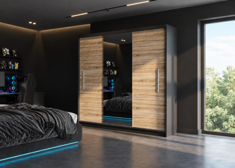 Armadio scorrevole 200 cm PRIMO con specchio rovere sonoma opaco – Produttore MES PRIMO SZP1/1/B/DS/0/AL