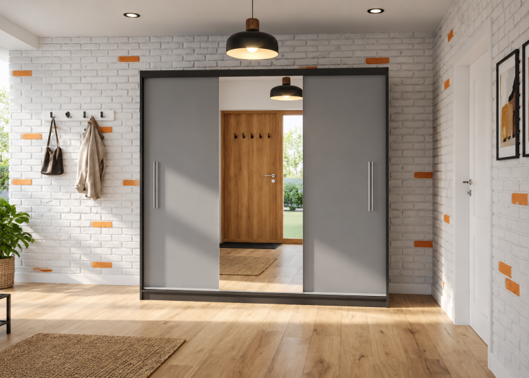 Armadio scorrevole 200 cm PRIMO con specchio grigio opaco – Produttore MES PRIMO SZP1/1/B/SR/0/AL