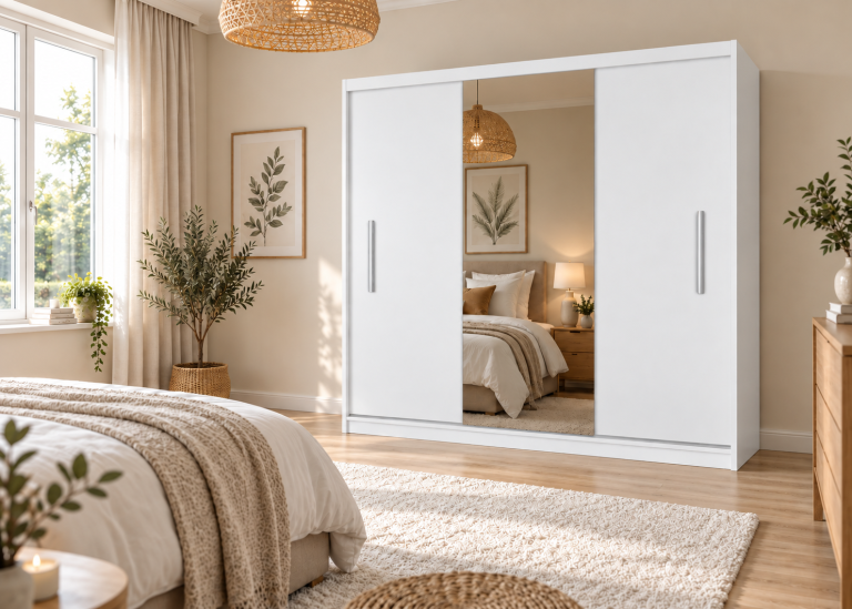Armadio scorrevole 200 cm PRIMO con specchio bianco opaco – Produttore MES PRIMO SZP1/1/W/W/0/AL