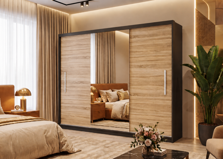 Armadio scorrevole 232 cm con specchio rovere sonoma – Produttore MES PRIMO SZP4/2/1B/2DS1L/0/AL