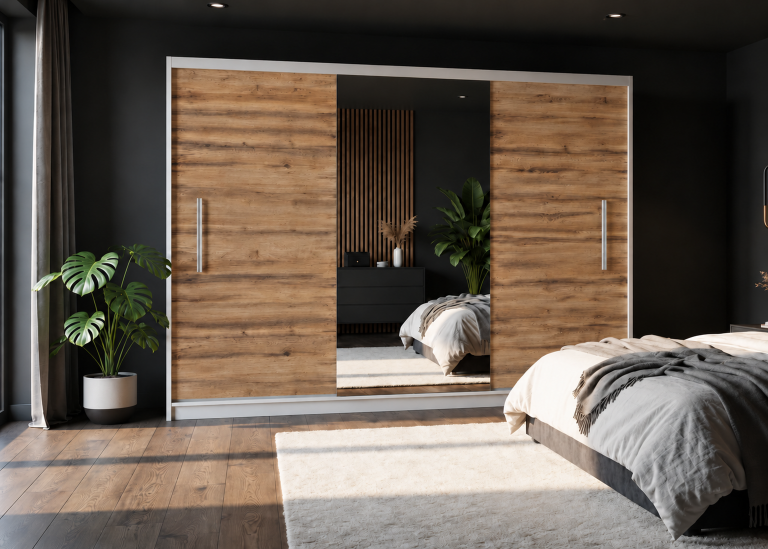 Armadio scorrevole 232 cm con specchio rovere wotan / rovere sonoma – Produttore MES PRIMO SZP4/2/1W/2DW1L/0/AL