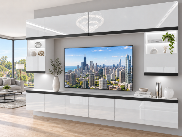 Parete attrezzata Prestige 300 cm TV/RTV bianca lucida Produttore IMP P2 Nolan 1/5/W/W/0/0/CM