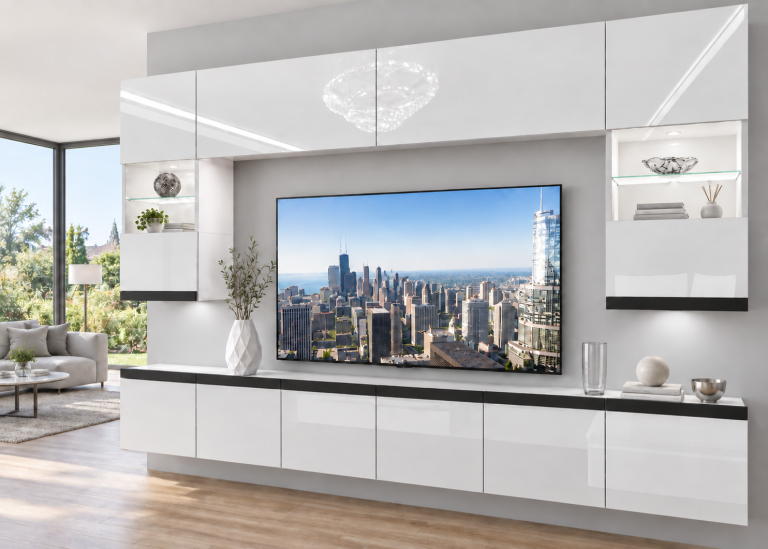 Parete attrezzata Prestige 300 cm TV/RTV bianca lucida Produttore IMP P1 Nolan 1/5/W/W/0/0/CM