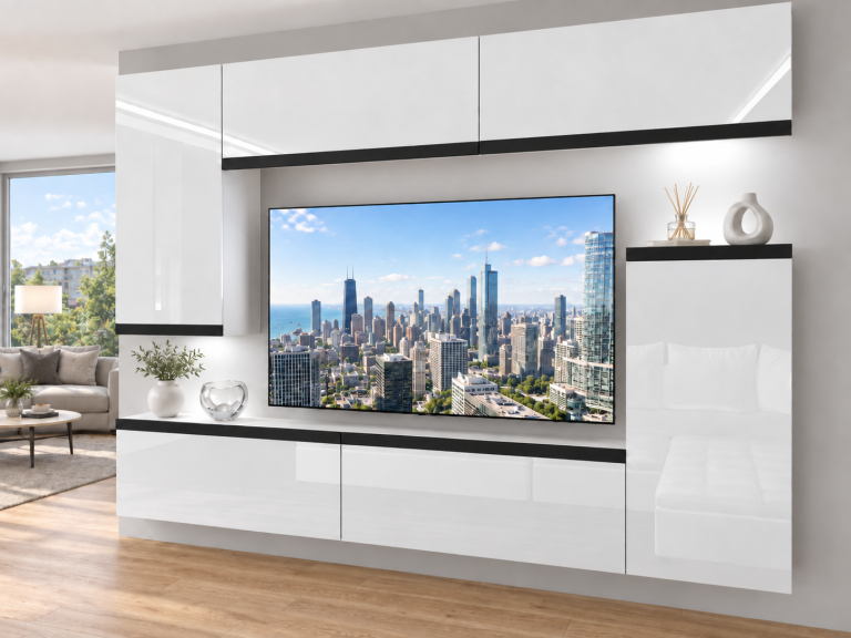 Parete attrezzata Prestige 250 cm TV/RTV bianca lucida Produttore IMP P Woody 8/5/W/W/0/0/CM