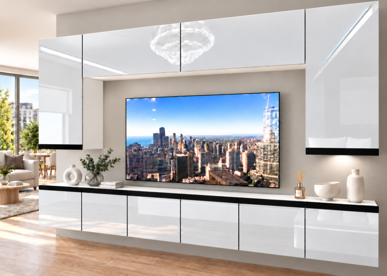 Parete attrezzata Prestige 300 cm TV/RTV bianca lucida Produttore IMP P Monroe 2/5/W/W/0/0/CM