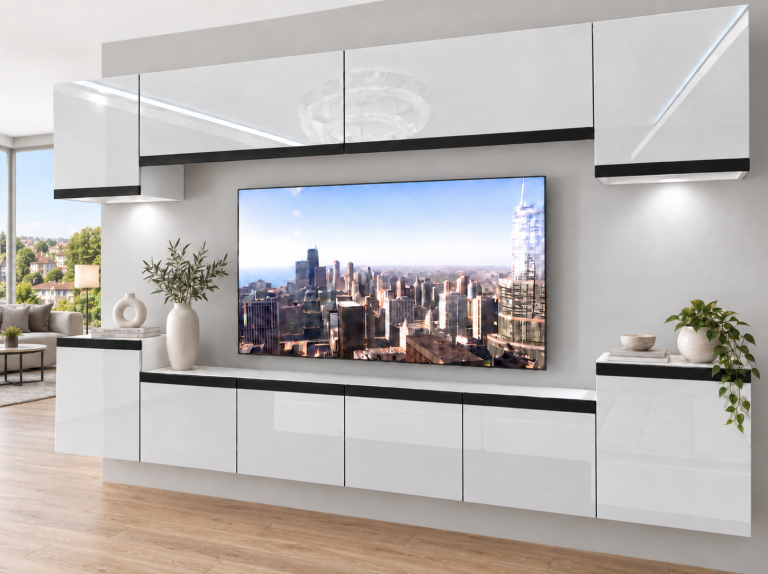 Parete attrezzata Prestige 300 cm TV/RTV bianca lucida Produttore IMP P Hepburn 4/5/W/W/0/0/CM