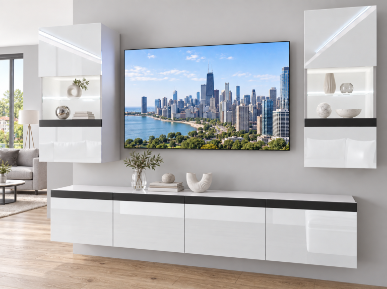 Parete attrezzata Prestige 200 cm TV/RTV bianca lucida Produttore IMP P Keanu 7/5/W/W/0/0/CM