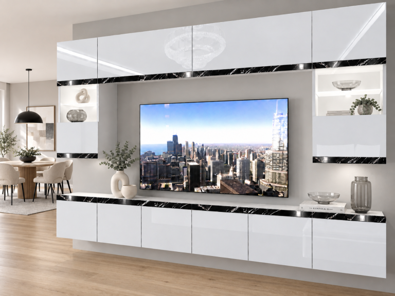 Parete attrezzata Prestige 300 cm TV/RTV bianca lucida Produttore IMP P2 Nolan 1/5/W/W/0/0/CS