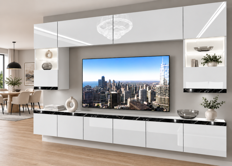 Parete attrezzata Prestige 300 cm TV/RTV bianca lucida Produttore IMP P1 Nolan 1/5/W/W/0/0/CS