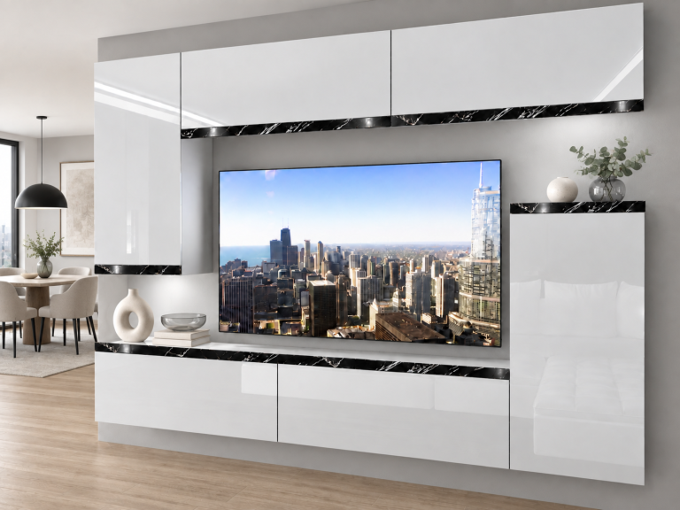 Parete attrezzata Prestige 250 cm TV/RTV bianca lucida Produttore IMP P Woody 8/5/W/W/0/0/CS