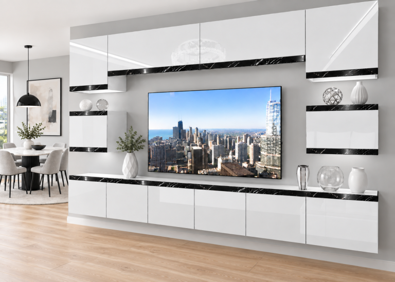 Parete attrezzata Prestige 300 cm TV/RTV bianca lucida Produttore IMP P Tarantino 3/5/W/W/0/0/CS