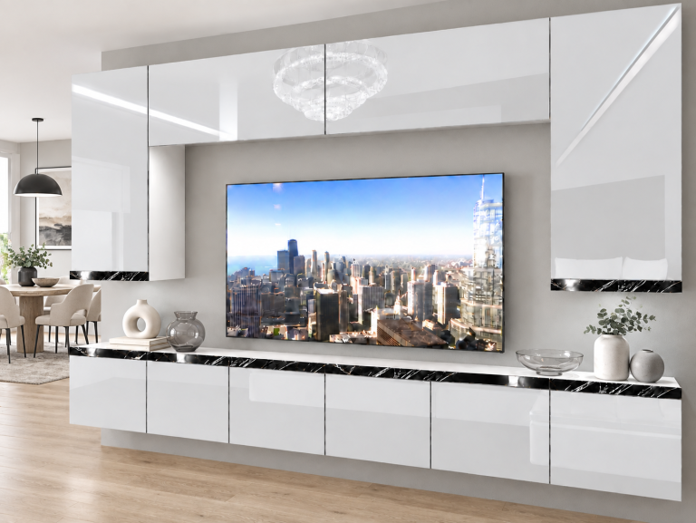 Parete attrezzata Prestige 300 cm TV/RTV bianca lucida Produttore IMP P Monroe 2/5/W/W/0/0/CS