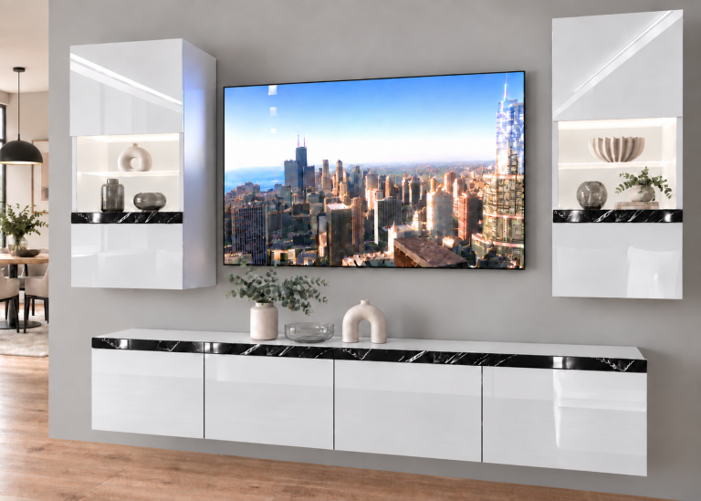Parete attrezzata Prestige 200 cm TV/RTV bianca lucida Produttore IMP P Keanu 7/5/W/W/0/0/CS