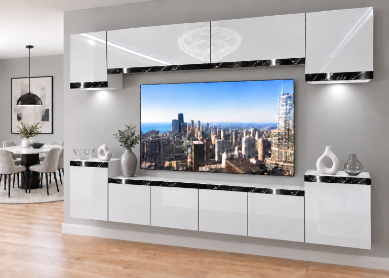 Parete attrezzata Prestige 300 cm TV/RTV bianca lucida Produttore IMP P Hepburn 4/5/W/W/0/0/CS