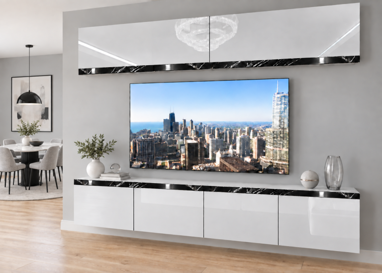 Parete attrezzata Prestige 200 cm TV/RTV bianca lucida Produttore IMP P Brando 6/5/W/W/0/0/CS