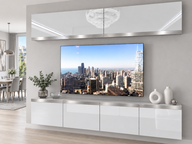 Parete attrezzata Prestige 200 cm TV/RTV bianca lucida Produttore IMP P Brando 6/5/W/W/0/0/SL