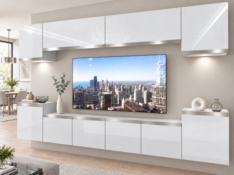Parete attrezzata Prestige 300 cm TV/RTV bianca lucida Produttore IMP P Hepburn 4/5/W/W/0/0/SL