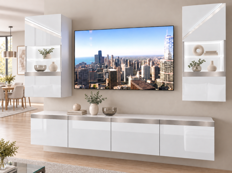 Parete attrezzata Prestige 200 cm TV/RTV bianca lucida Produttore IMP P Keanu 7/5/W/W/0/0/SL