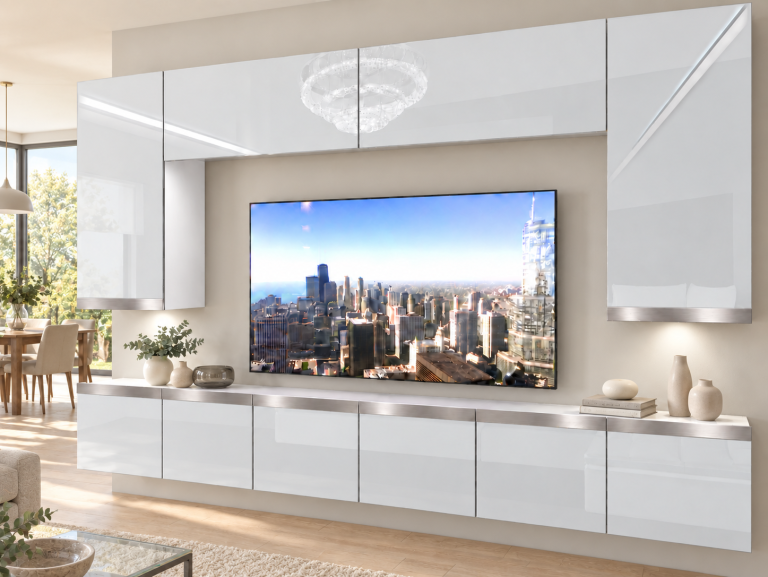 Parete attrezzata Prestige 300 cm TV/RTV bianca lucida Produttore IMP P Monroe 2/5/W/W/0/0/SL