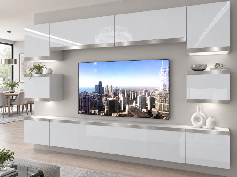 Parete attrezzata Prestige 300 cm TV/RTV bianca lucida Produttore IMP P Tarantino 3/5/W/W/0/0/SL