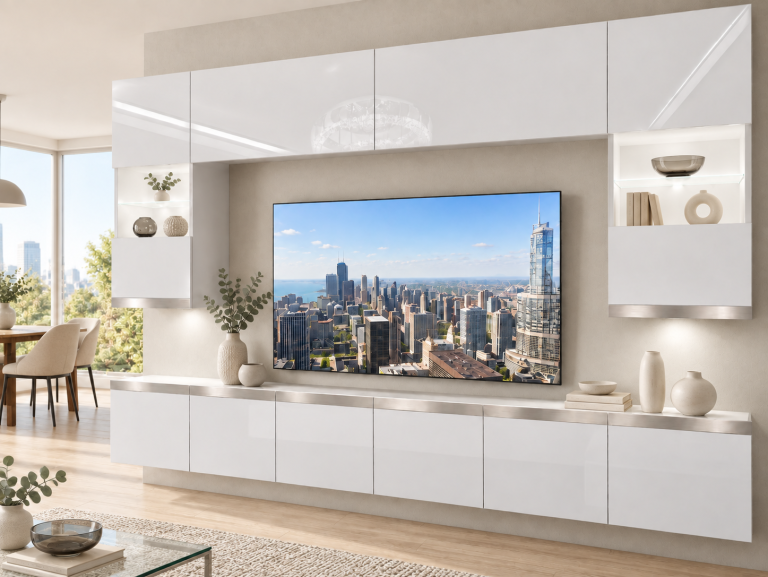 Parete attrezzata Prestige 300 cm TV/RTV grigia lucida Produttore IMP P1 Nolan 1/5/W/S/0/0/SL