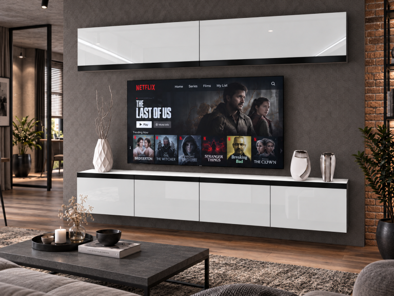 Parete attrezzata Prestige 200 cm TV/RTV bianca lucida Produttore IMP P Brando 6/5/W/W/0/0/CM