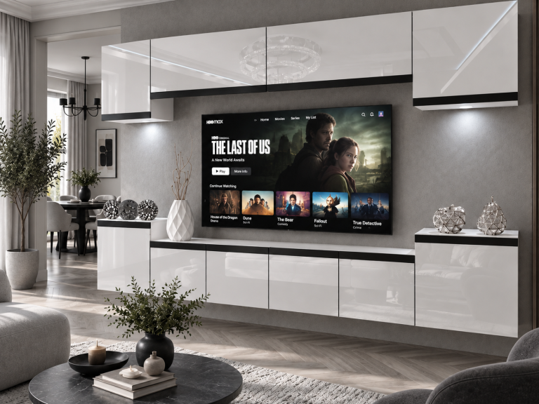 Parete attrezzata Prestige 300 cm TV/RTV bianca lucida Produttore IMP P Hepburn 4/5/W/W/0/0/CM