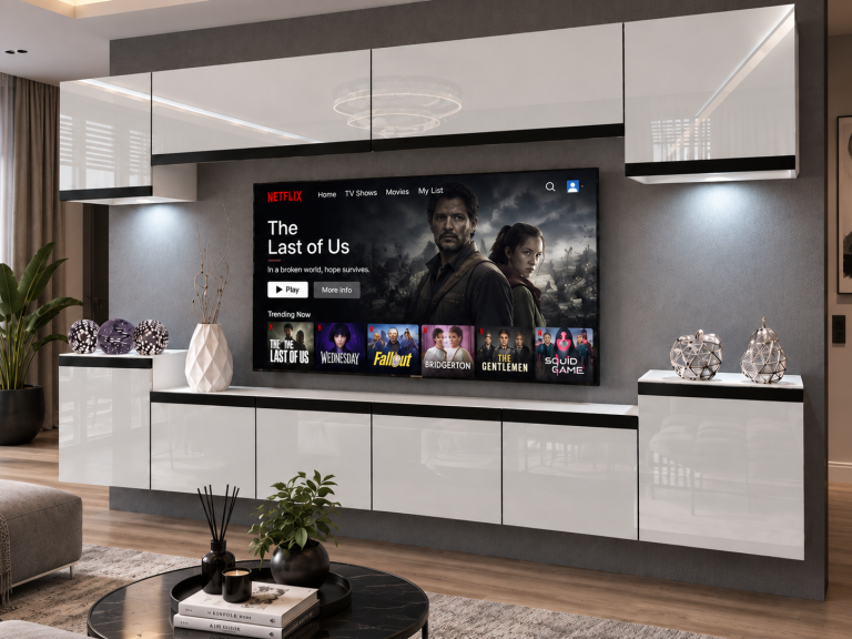 Parete attrezzata Prestige 300 cm TV/RTV bianca lucida Produttore IMP P Hepburn 4/5/W/W/0/0/CM