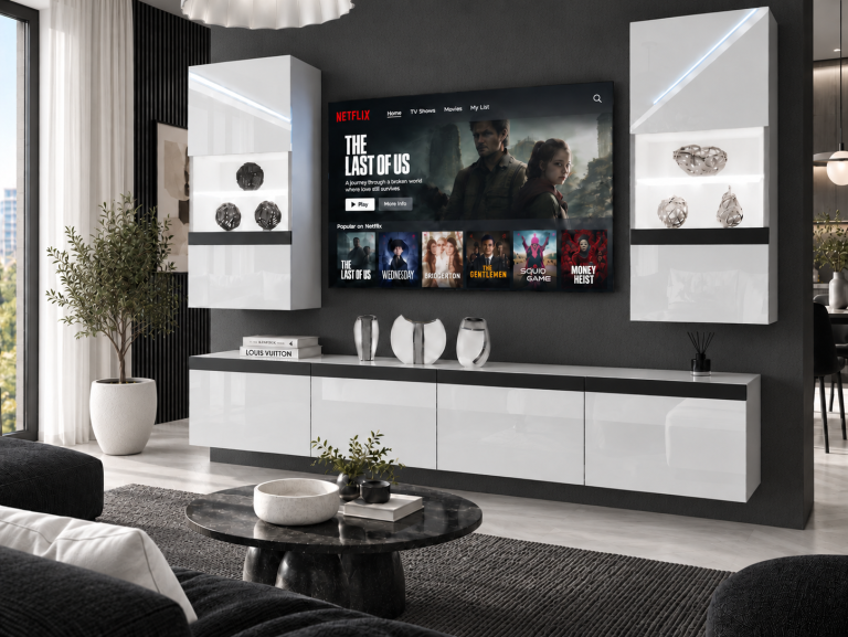 Parete attrezzata Prestige 200 cm TV/RTV bianca lucida Produttore IMP P Keanu 7/5/W/W/0/0/CM