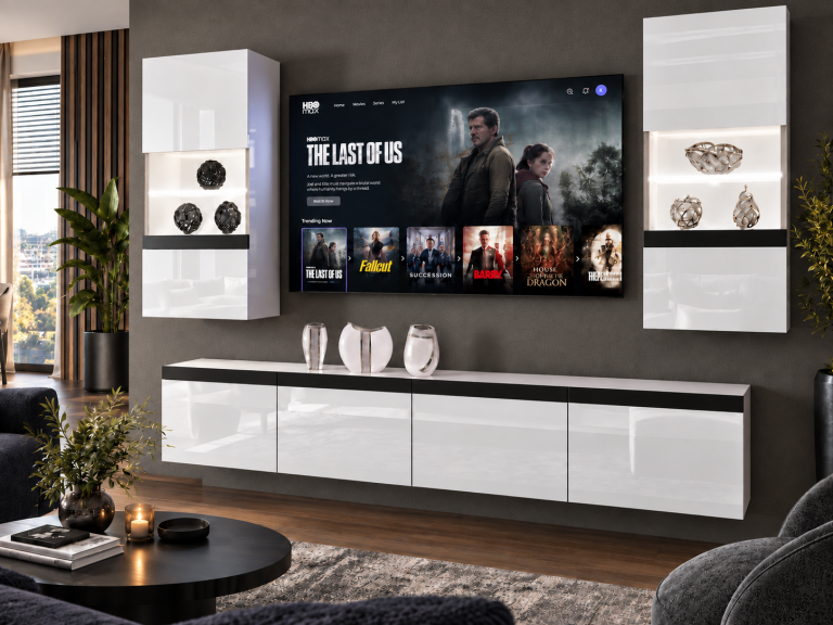 Parete attrezzata Prestige 200 cm TV/RTV bianca lucida Produttore IMP P Keanu 7/5/W/W/0/0/CM