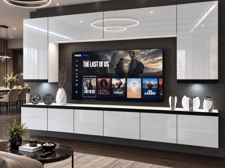 Parete attrezzata Prestige 300 cm TV/RTV bianca lucida Produttore IMP P Monroe 2/5/W/W/0/0/CM