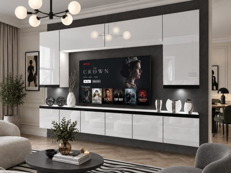 Parete attrezzata Prestige 300 cm TV/RTV bianca lucida Produttore IMP P Monroe 2/5/W/W/0/0/CM