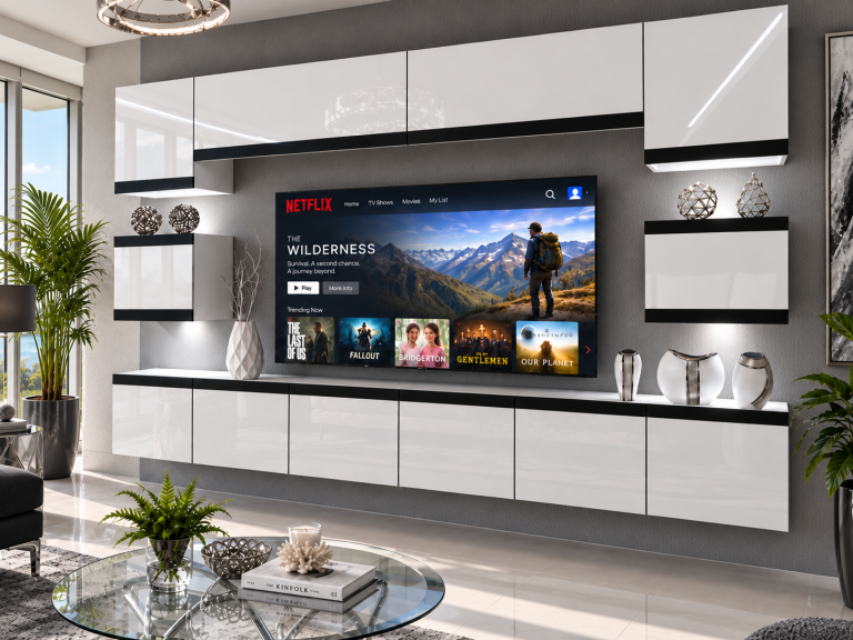 Parete attrezzata Prestige 300 cm TV/RTV bianca lucida Produttore IMP P Tarantino 3/5/W/W/0/0/CM