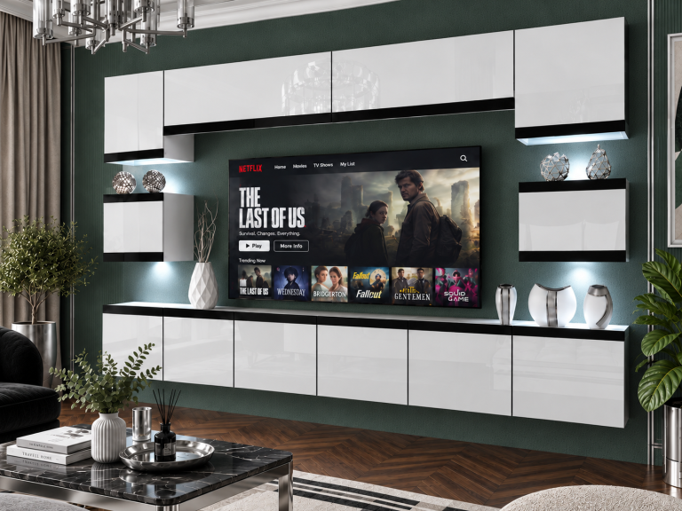 Parete attrezzata Prestige 300 cm TV/RTV bianca lucida Produttore IMP P Tarantino 3/5/W/W/0/0/CM