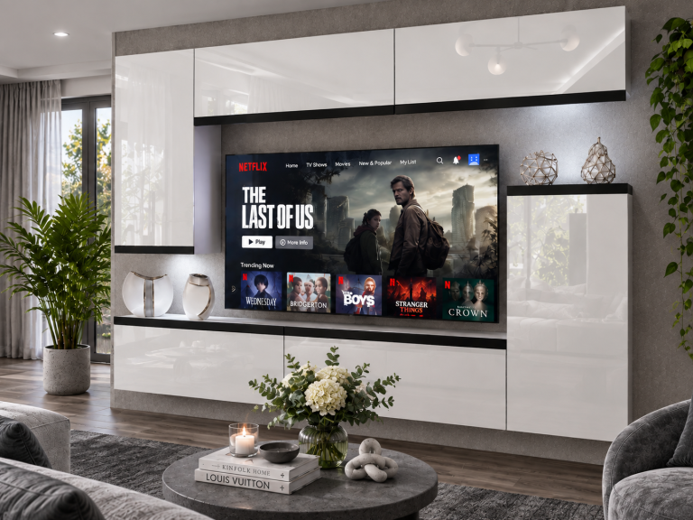 Parete attrezzata Prestige 250 cm TV/RTV bianca lucida Produttore IMP P Woody 8/5/W/W/0/0/CM