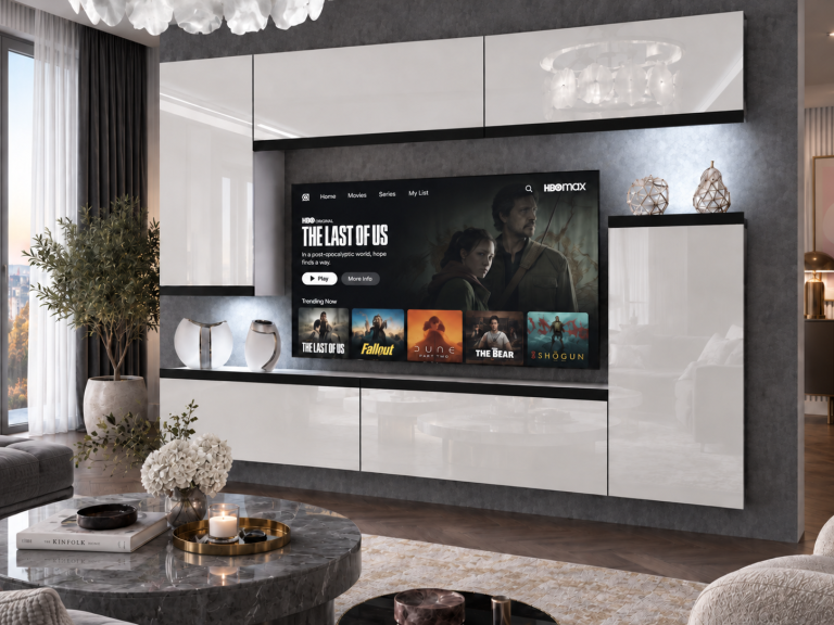 Parete attrezzata Prestige 250 cm TV/RTV bianca lucida Produttore IMP P Woody 8/5/W/W/0/0/CM