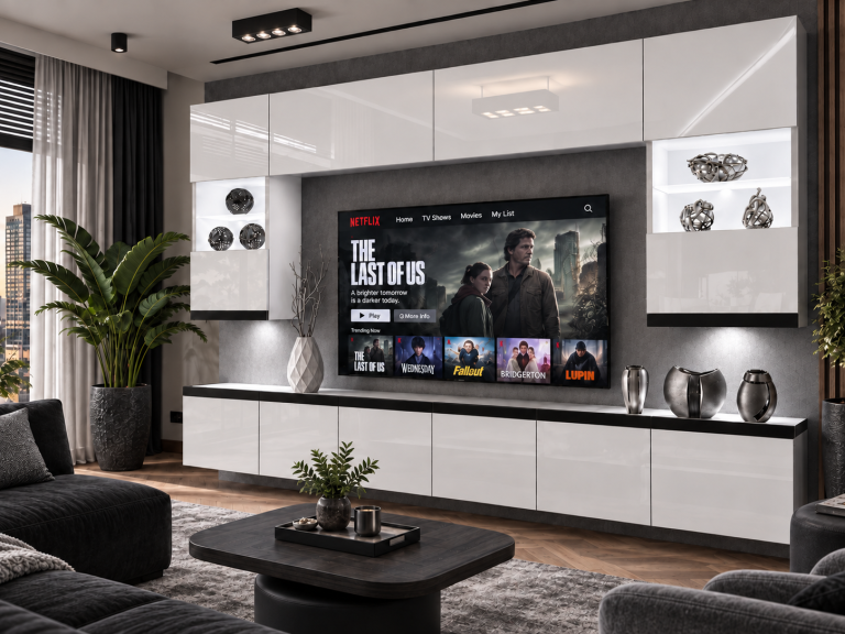 Parete attrezzata Prestige 300 cm TV/RTV bianca lucida Produttore IMP P1 Nolan 1/5/W/W/0/0/CM