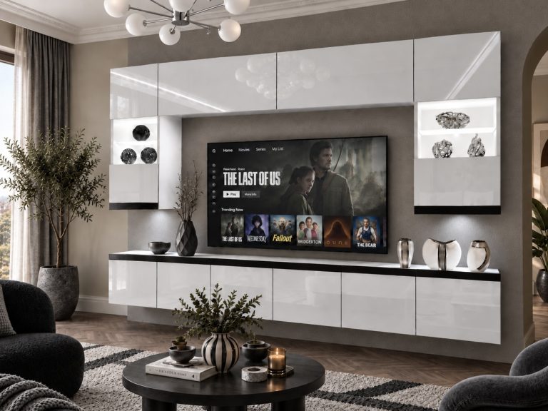 Parete attrezzata Prestige 300 cm TV/RTV bianca lucida Produttore IMP P1 Nolan 1/5/W/W/0/0/CM