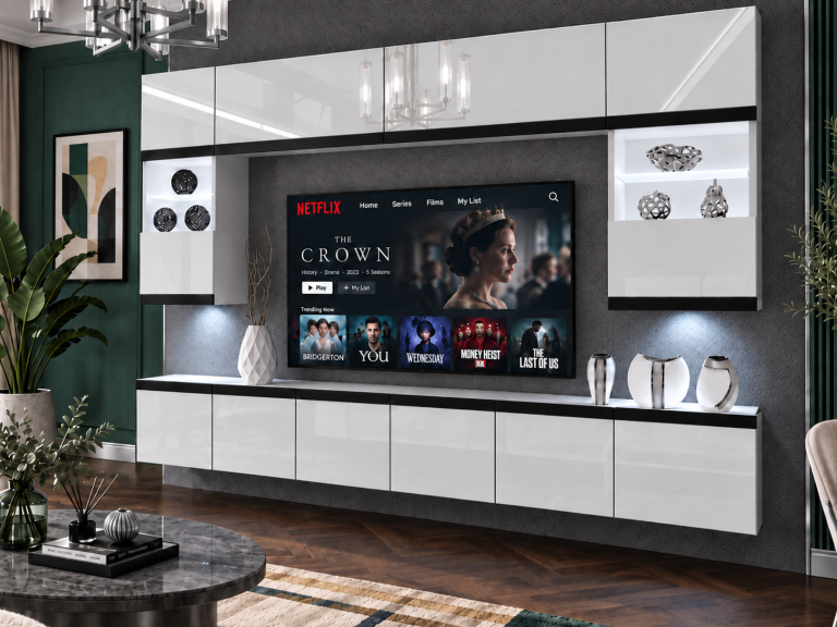 Parete attrezzata Prestige 300 cm TV/RTV bianca lucida Produttore IMP P2 Nolan 1/5/W/W/0/0/CM