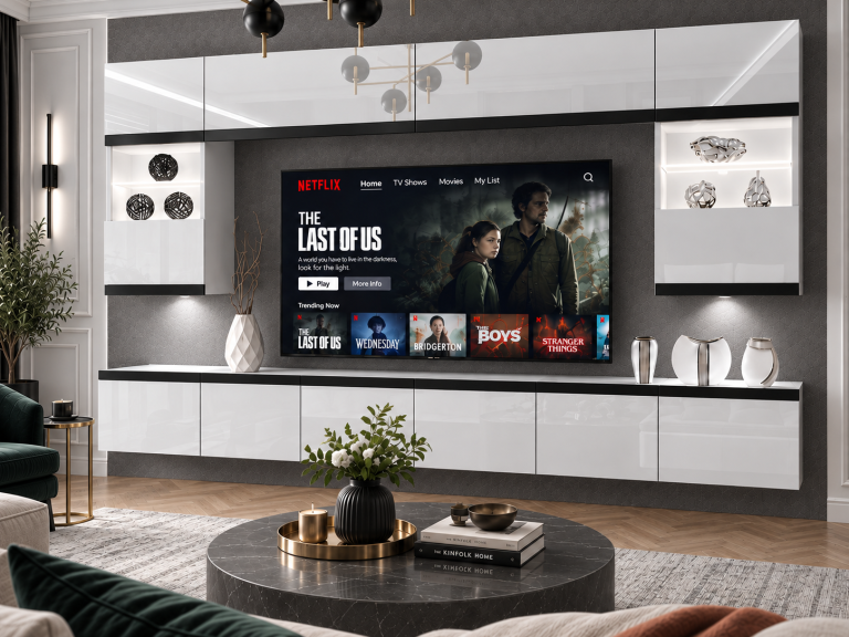 Parete attrezzata Prestige 300 cm TV/RTV bianca lucida Produttore IMP P2 Nolan 1/5/W/W/0/0/CM